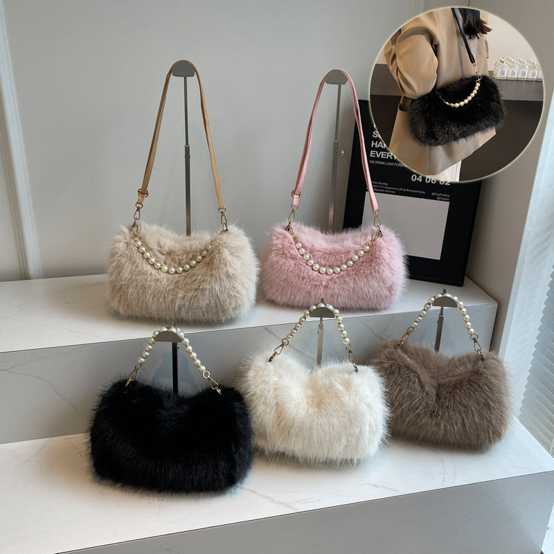 Velvet Luxe: Faux Fur Pearl Shoulder Bag